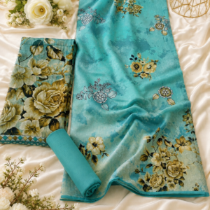 Turquoise floral print 3-piece unstitched lawn suit